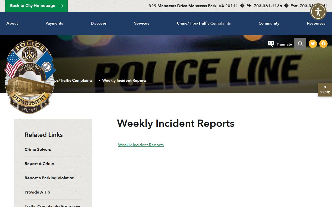 Manassas Park official weekly-report page for Prince William County-area arrest records