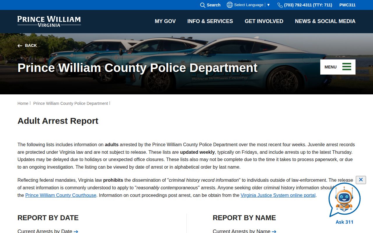 Prince William County official four-week adult arrest report