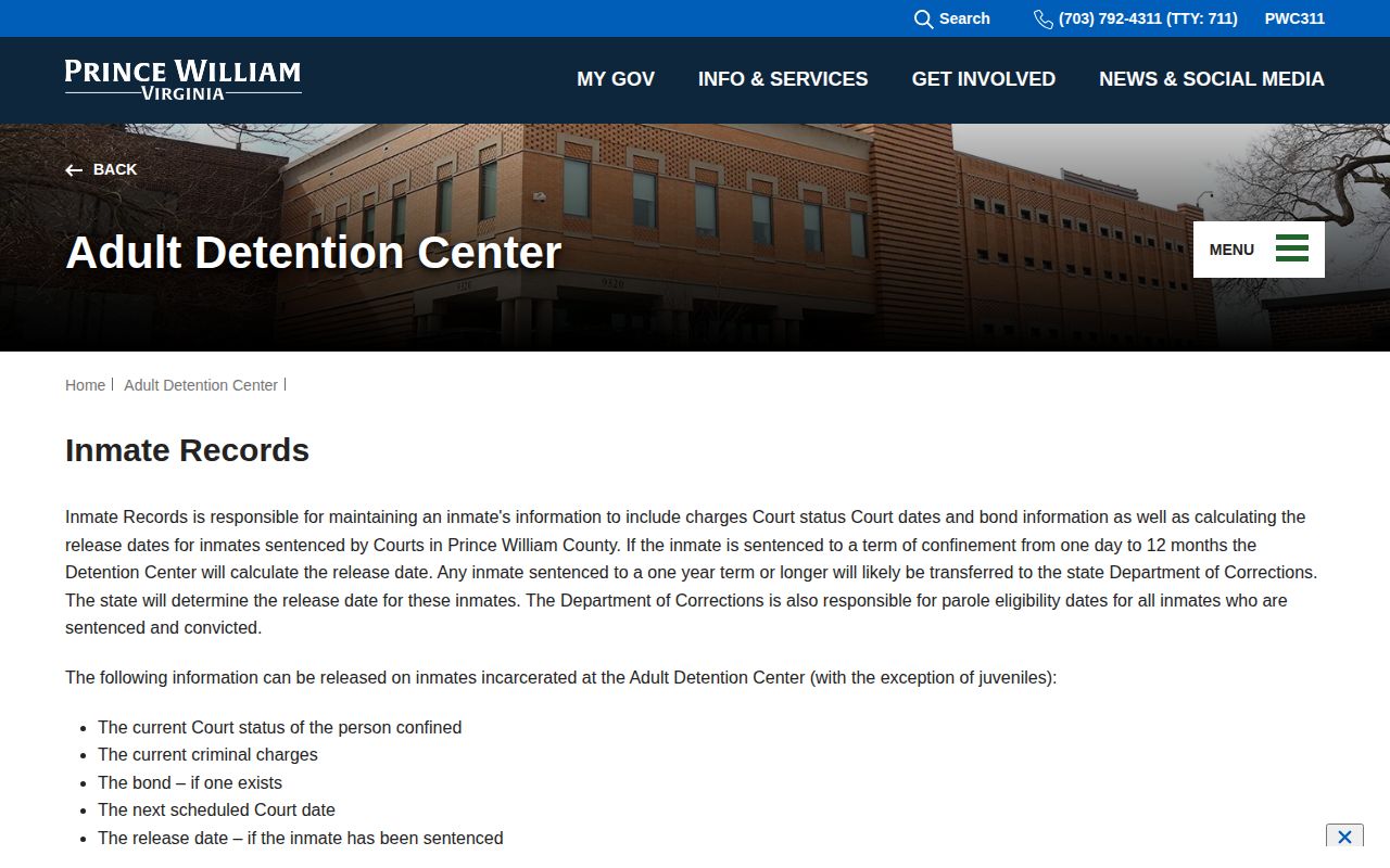 Prince William County ADC current custody phone policy