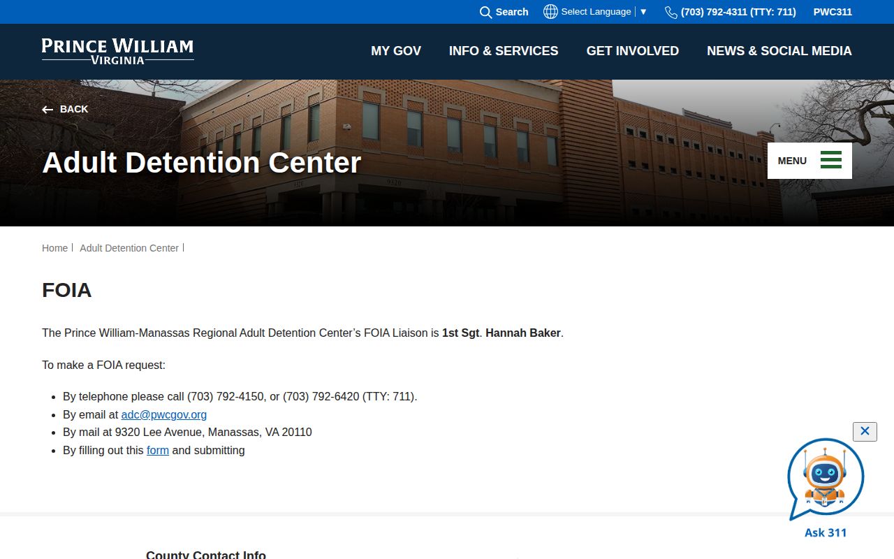 Prince William County booking record and photo request route