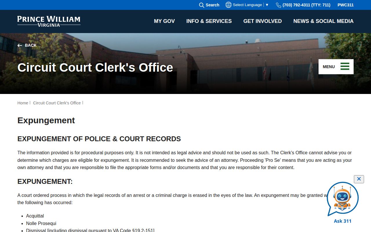 Prince William County expungement procedure for arrest records